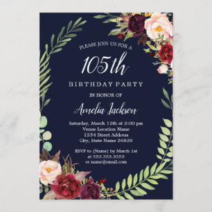 Invitación Floral Wreath Burgundy Navy 105th Birthday
