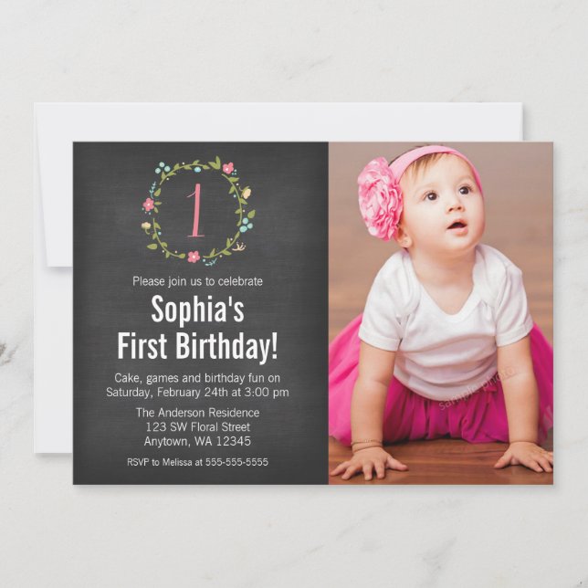 Invitación Floral Wreath Chalkboard Foto Chica Primer cumplea (Anverso)