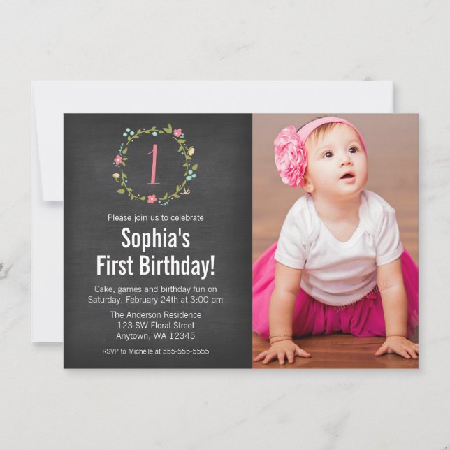 Invitación Floral Wreath Chalkboard Foto Chica Primer cumplea (Anverso)