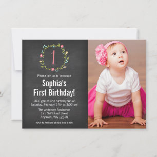 Invitación Floral Wreath Chalkboard Foto Chica Primer cumplea