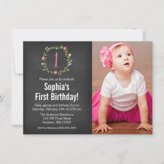 Invitación Floral Wreath Chalkboard Foto Chica Primer cumplea