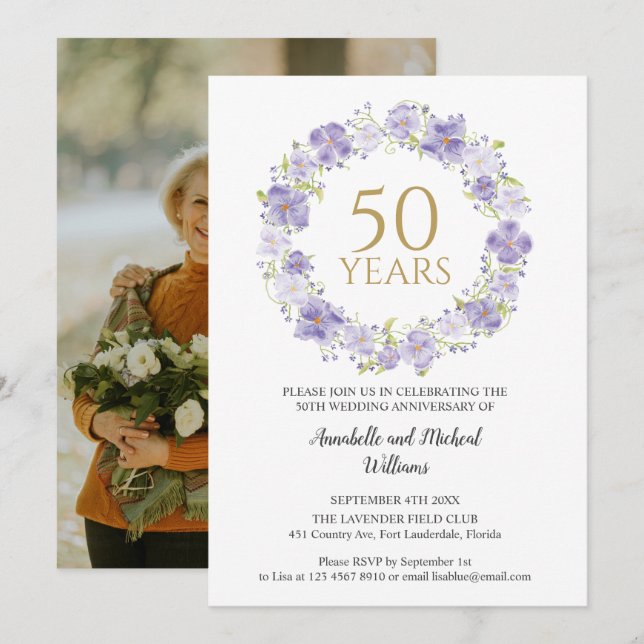 Invitación Floral Wreath de lavanda suave Boda fotográfico 50 (Anverso / Reverso)