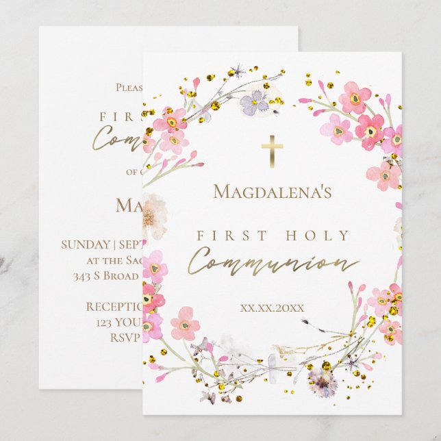 Invitación floral wreath First Holy Communion  (Anverso / Reverso)