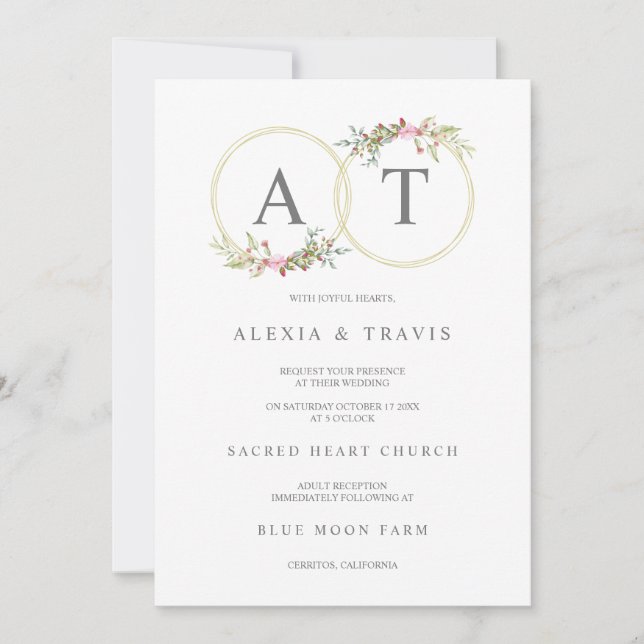 Invitación Floral Wreath in Gold & Pink Shades with Initials (Anverso)