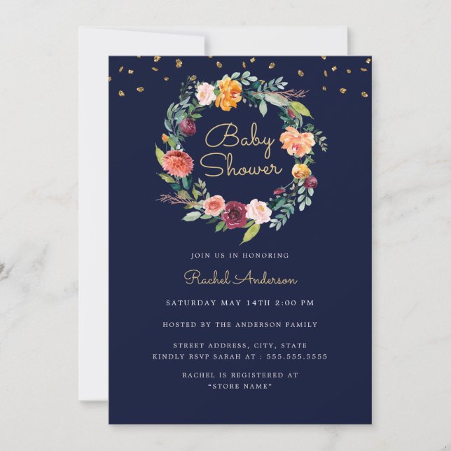 Invitación Floral Wreath Navy Gold Baby Shower (Anverso)
