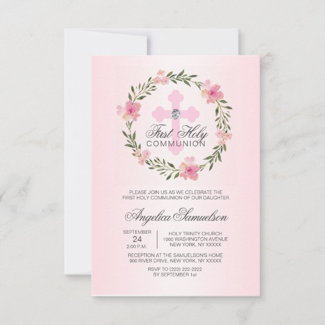 Invitación Floral Wreath Pink First Holy Communia CHICA (Anverso)