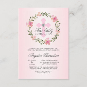 Invitación Floral Wreath Pink First Holy Communia CHICA