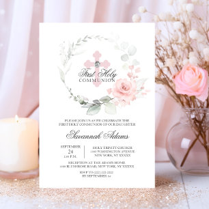 Invitación Floral Wreath Pink First Holy Communia CHICA