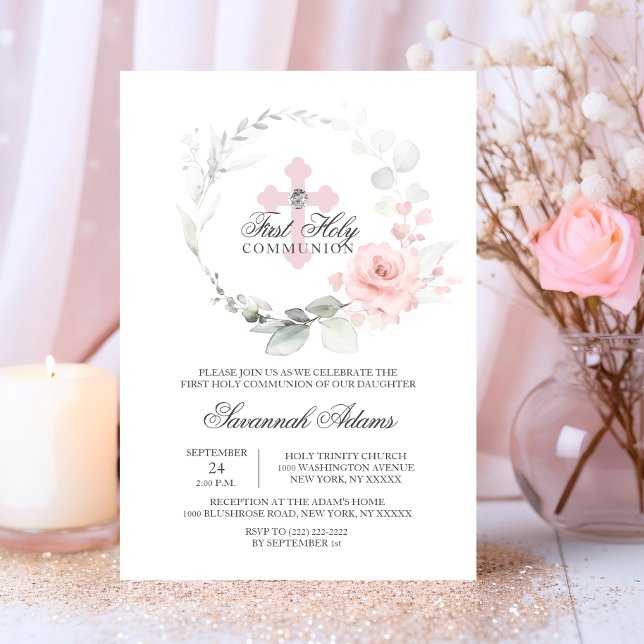 Invitación Floral Wreath Pink First Holy Communia CHICA (Floral Wreath Pink First Holy Communion GIRL Invitation)