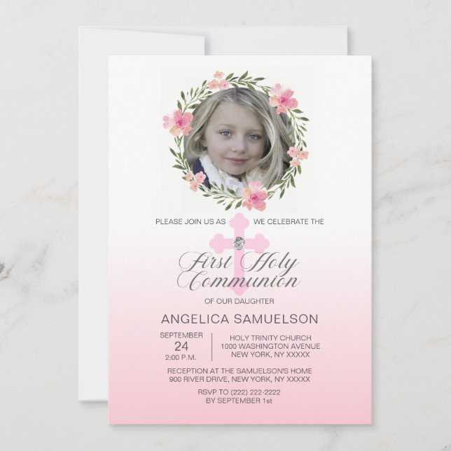 Invitación Floral Wreath Pink Primer CHICA de la Santa Comuni (Anverso)