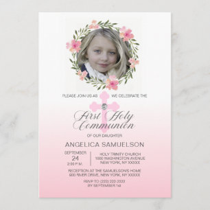 Invitación Floral Wreath Pink Primer CHICA de la Santa Comuni