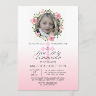 Invitación Floral Wreath Pink Primer CHICA de la Santa Comuni