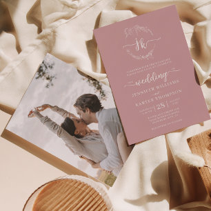 Invitación Floral Wreath Rubor Monograma rosa Boda fotográfic