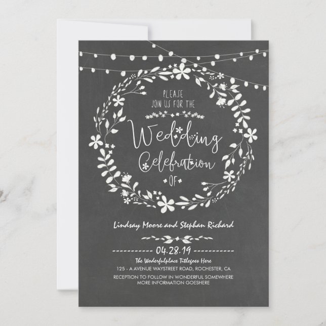 Invitación Floral Wreath Rústica String Lights Wedds (Anverso)