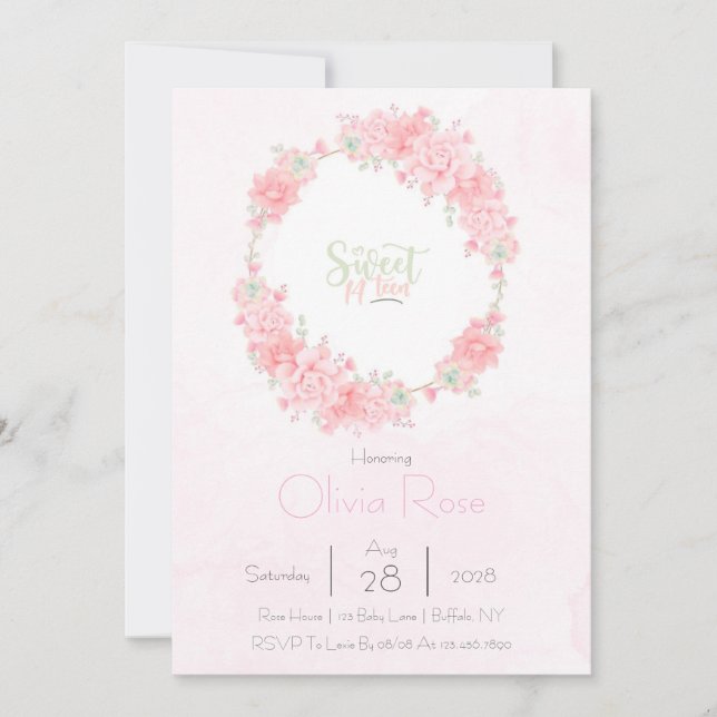 Invitación Floral Wreath Sweet 14th Chica Birthday Party Invi (Anverso)