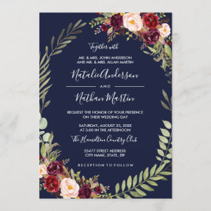 Invitación Floral Wreath Watercolor Borgoña Boda de la Marina