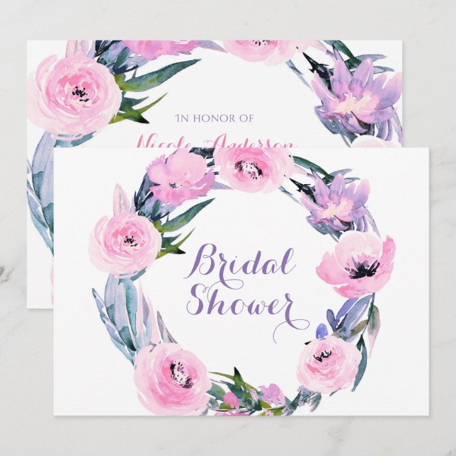 Invitación Floral Wreath Watercolor Elegante Ducha Bridal (Anverso / Reverso)