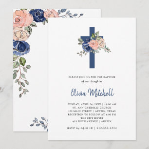 Invitación Floral y bautismo cruzado de color acuático Rubor 