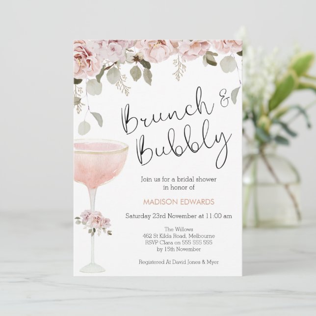 Invitación Floral y bronce de vidrio Bubbly Bridal Shower (Anverso de pie)