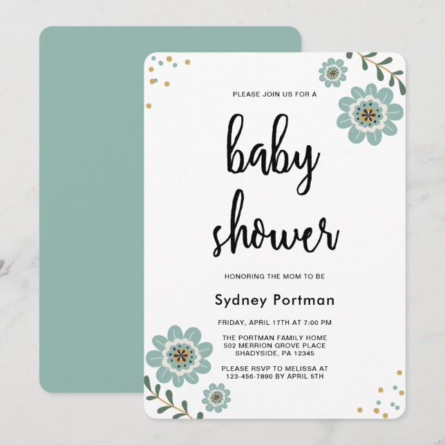 Invitación Floral y confetti modernos de Baby Shower (Anverso / Reverso)