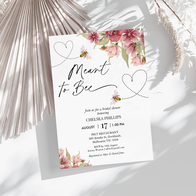 Invitación Floral Y Corazón Para Ser Ducha De Novias (Meant to Bee Bridals Shower Invitation, Bee Themed Bridal Shower Invite, Hearts, Floral Meant To Bee)