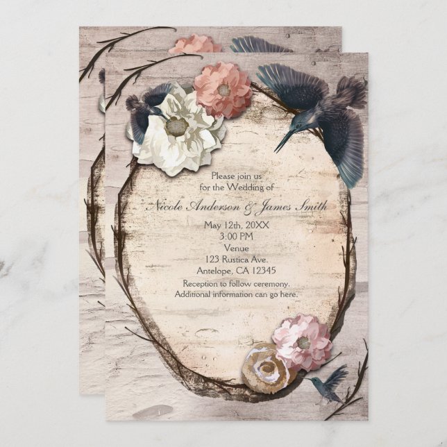 Invitación Floral y de Colibrí de Abedul Blanco Rú (Anverso / Reverso)