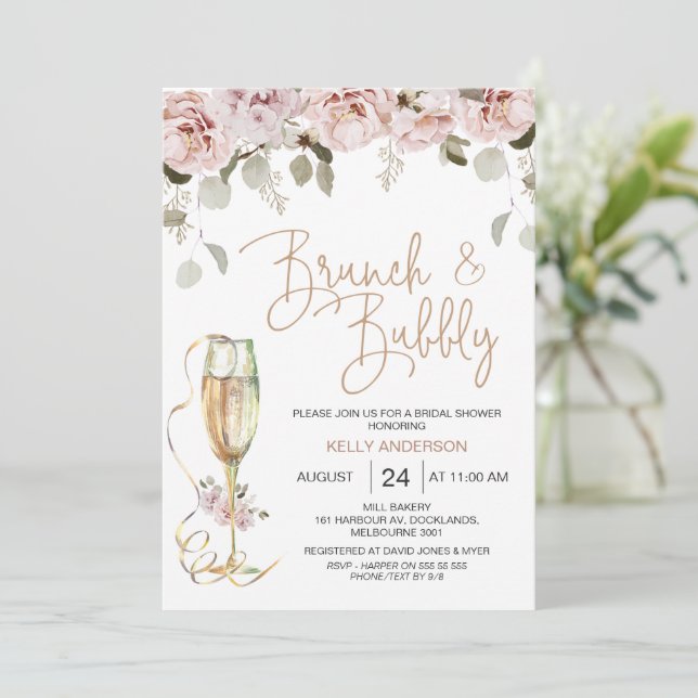 Invitación Floral y eucalipto Brunch Bubbly Bridal Shower (Anverso de pie)