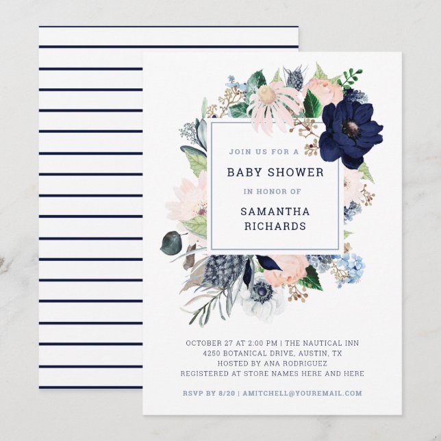 Invitación Floral y franjas náuticas de la marina | Baby Show (Anverso / Reverso)