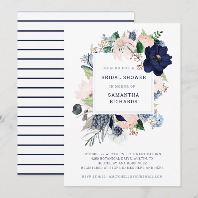 Invitación Floral y franjas náuticas de la marina | Bridal Sh (Anverso / Reverso)