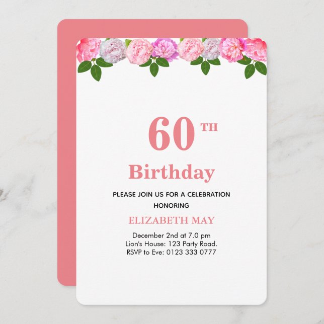 Invitación Floral y Laurel deja 40, 60 cumpleaños (Anverso / Reverso)