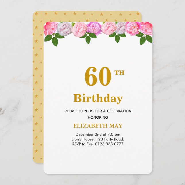 Invitación Floral y Laurel deja 40, 60 cumpleaños (Anverso / Reverso)
