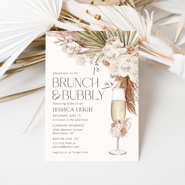 Invitación Floral y plumas bohemias brunch & bubbly (Subido por el creador)