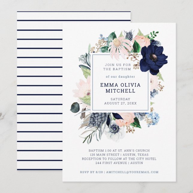 Invitación Floral y rayas náuticas de la marina| Bautismo (Anverso / Reverso)
