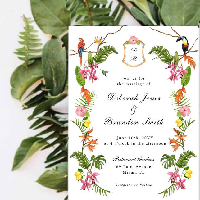 Invitación Floral y vegetación tropical monogramada (Subido por el creador)