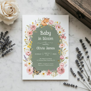 Invitación Floral Zorro Baby Shower Woodland Sage