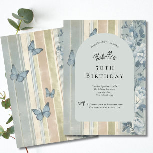 Invitación Florales Acuarela Azul Mariposas Cumpleaños 50