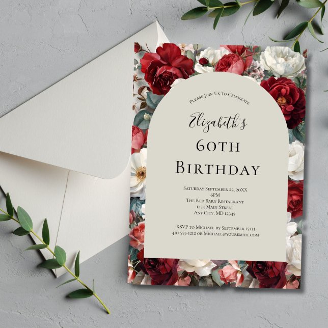 Invitación Florales Acuarela Rojo Blanco Cumpleaños 60 Para E (Red White Watercolor Florals Arch 60th ( or any year ) birthday invitation her. Printed or Digital)