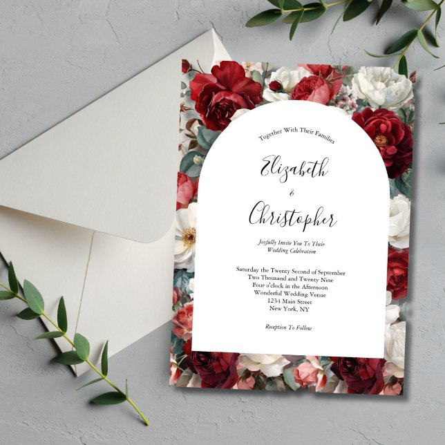 Invitación Florales Acuarela Rojo Blanco Elegantes (Red White Floral Wedding Invitation. Elegant and Modern. Arch Shape)