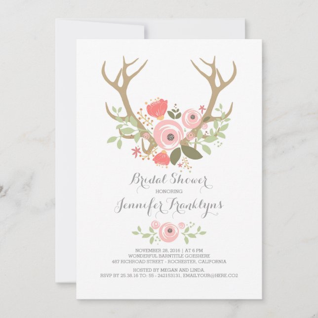 Invitación Florales Antlers Boho Bridal Shower (Anverso)