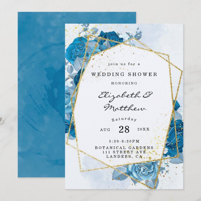 Invitación Florales Azules Cyan Ducha de Boda Geométrica de O (Anverso / Reverso)