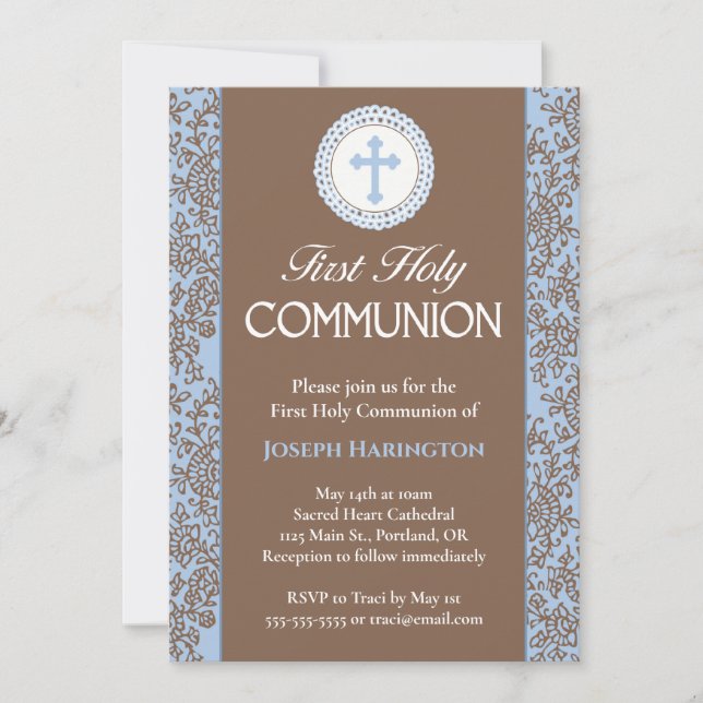 Invitación Florales azules y marrones Primera Comunión (Anverso)