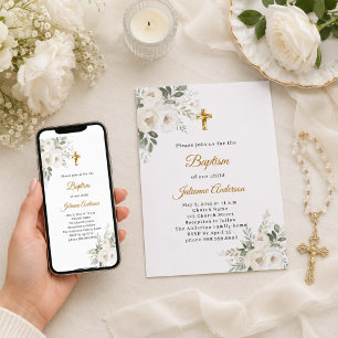 Invitación Florales blancas cruz de oro bautizo