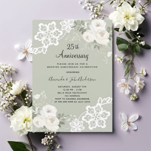 Invitación Florales blancas saltean verde 25° aniversario bod