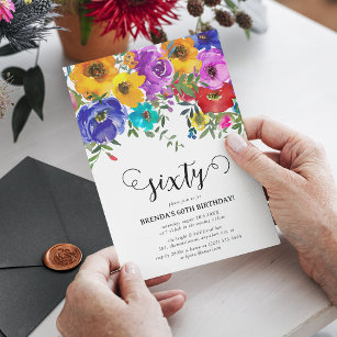 Invitación Florales Brillantes y Negrita 60 cumpleaños
