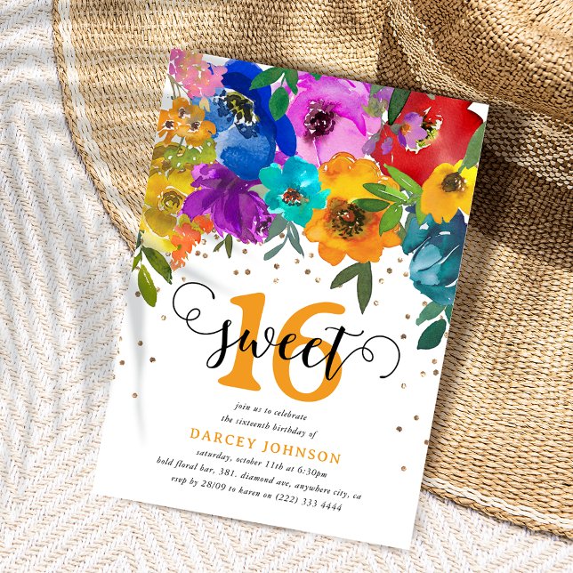 Invitación Florales Brillantes y Negrita Dulce Dieciséis Aniv (Subido por el creador)