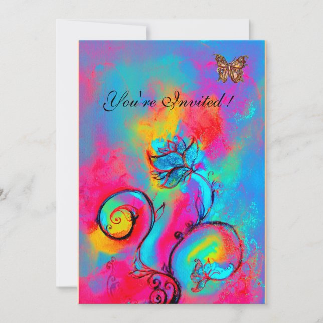 Invitación FLORALES CAPRICHOSAS & MARIPOSAS rosa azul amarill (Anverso)