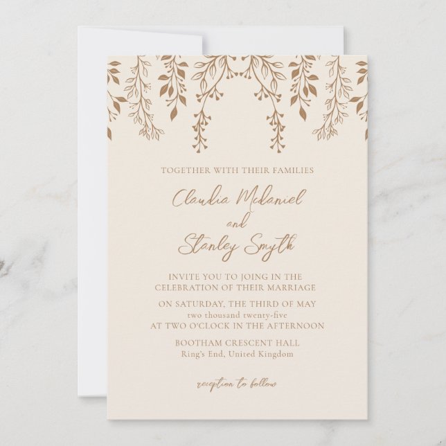 Invitación Florales colgantes Foliage Warm Beige Boho (Anverso)