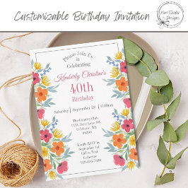 Invitación Florales color agua brillante 40 cumpleaños
