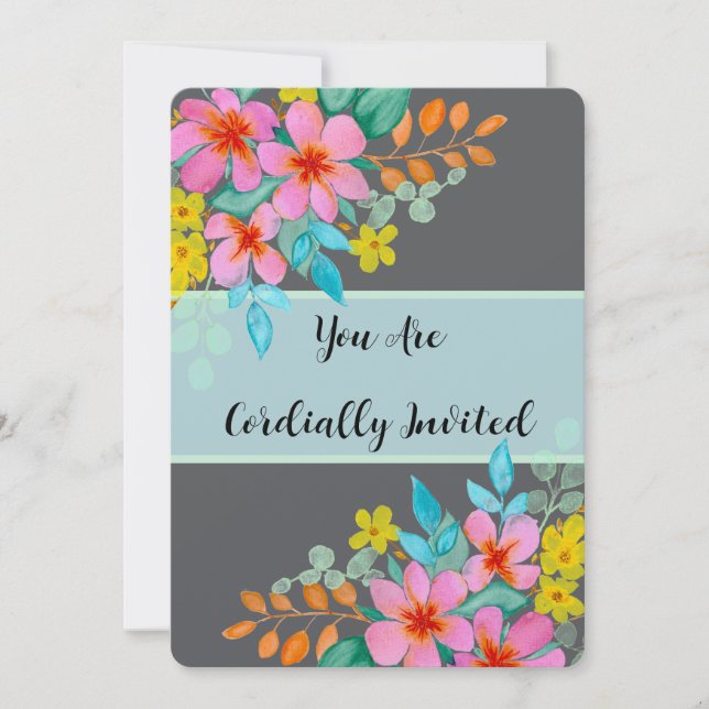 Invitación Florales de acuarela moderna y elegante sobre gris (Anverso)