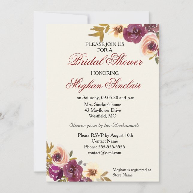 Invitación Florales de acuarela otoñal - Ducha nupcial (Anverso)